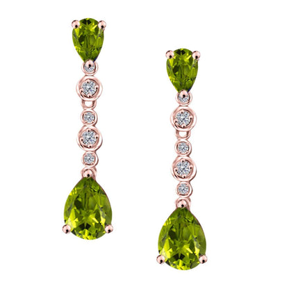 3.00 Carat Pear Shape Peridot White Diamond Dangle Earrings For Women In 10K Solid Rose White & Yellow Gold Mauli Jewels