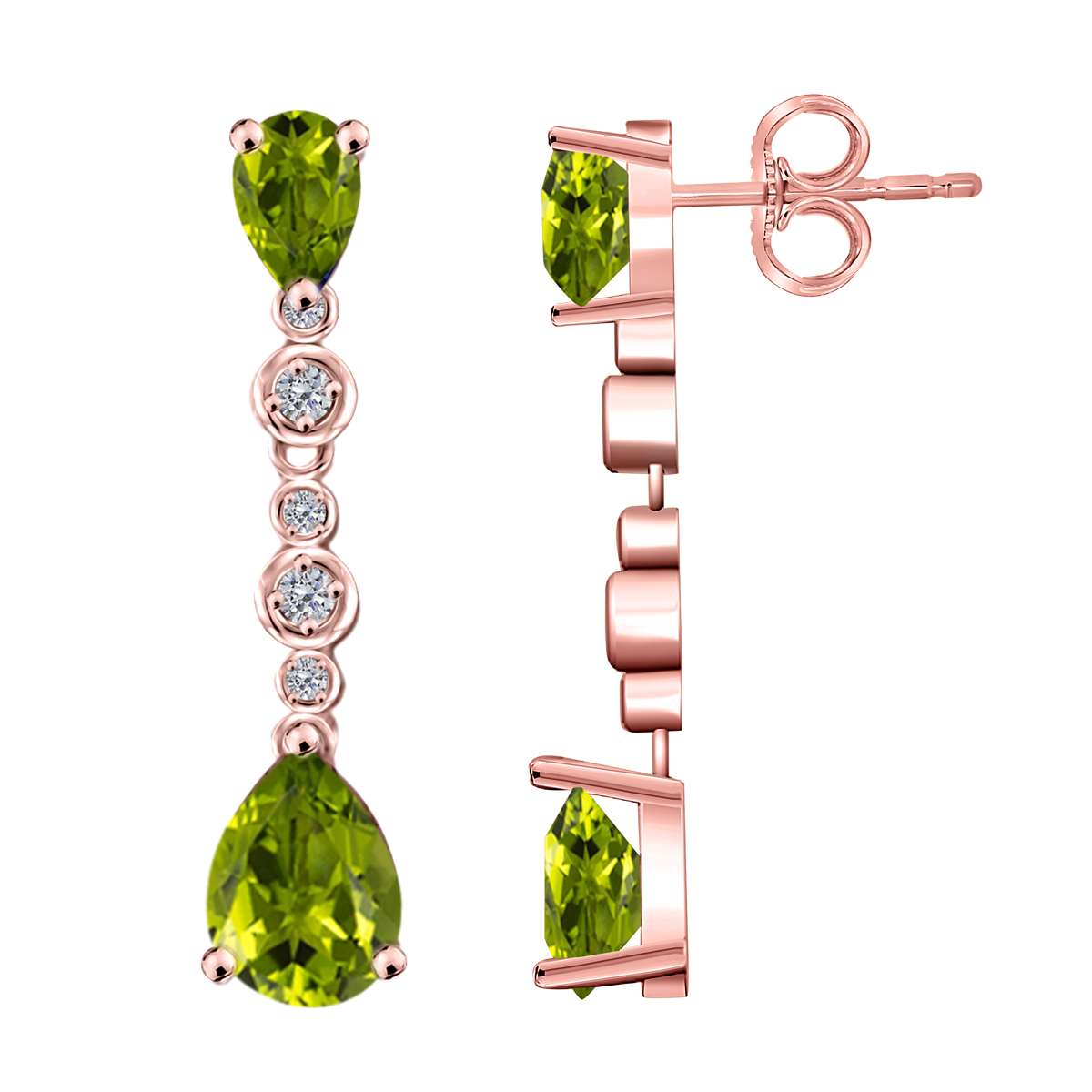 3.00 Carat Pear Shape Peridot White Diamond Dangle Earrings For Women In 10K Solid Rose White & Yellow Gold Mauli Jewels