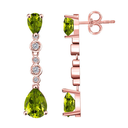 3.00 Carat Pear Shape Peridot White Diamond Dangle Earrings For Women In 10K Solid Rose White & Yellow Gold