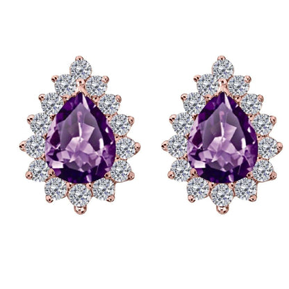 1.75 Carat Pear Shape Amethyst & Diamond Stud Earrings For Women In 10K Solid Rose White & Yellow Gold