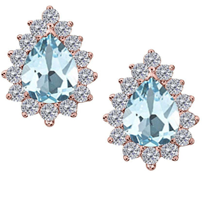 1.75 Carat Pear Shape Aquamarine & Diamond Stud Earrings For Women In 10K Solid Rose White & Yellow Gold