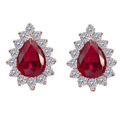 1.75 Carat Diamond And Pear Shape Ruby Stud Earrings For Women In 10K Solid Rose White & Yellow Gold