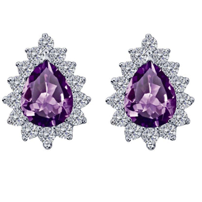 1.75 Carat Pear Shape Amethyst & Diamond Stud Earrings For Women In 10K Solid Rose White & Yellow Gold