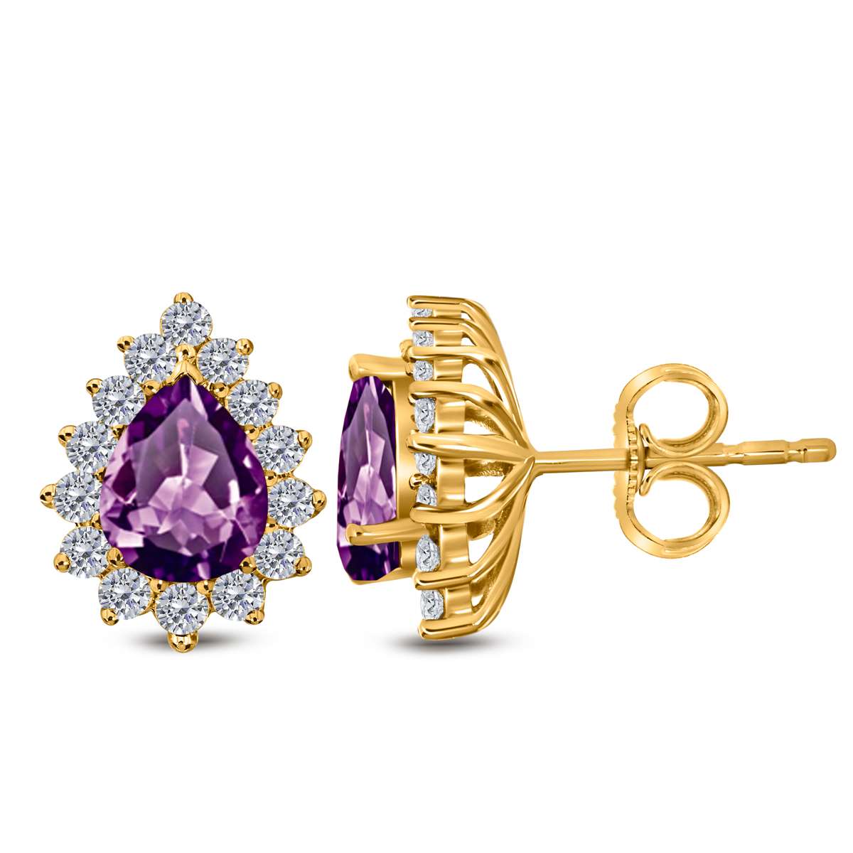 1.75 Carat Pear Shape Amethyst & Diamond Stud Earrings For Women In 10K Solid Rose White & Yellow Gold