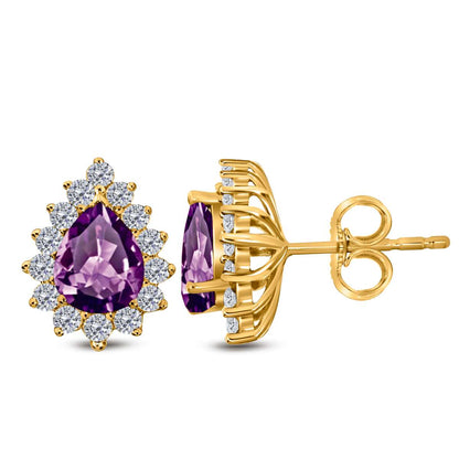 1.75 Carat Pear Shape Amethyst & Diamond Stud Earrings For Women In 10K Solid Rose White & Yellow Gold