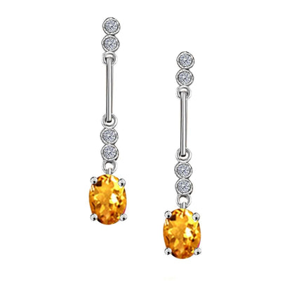 2.60 Carat Oval Citrine And White Diamond Gemstone Dangle Earrings For Women In 10K White Gold / Yellow Gold