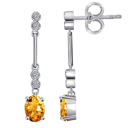 2.60 Carat Oval Citrine And White Diamond Gemstone Dangle Earrings For Women In 10K White Gold / Yellow Gold