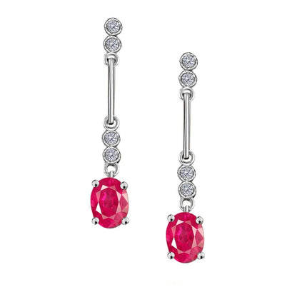 2.60 Carat Oval Ruby And White Diamond Gemstone Dangle Earrings For Women In 10K White & Yellow Gold