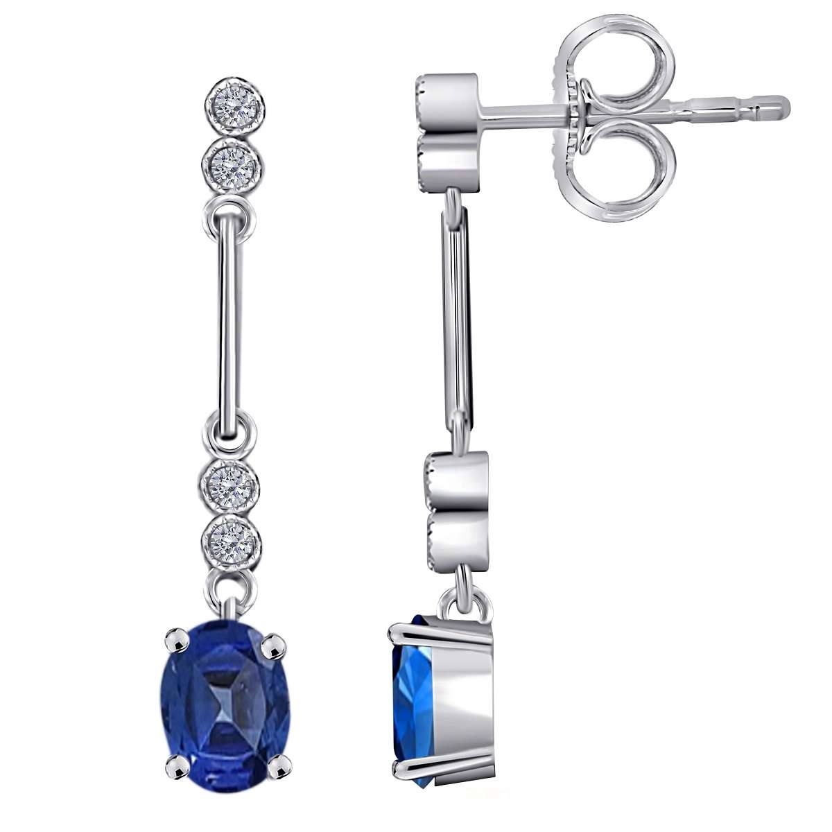 2.60 Carat Oval Sapphire & White Diamond Dangle Gemstone Earrings For Women In 10K White Gold / Yellow Gold