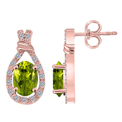 1.60 Carat Oval Shape Peridot And White Diamond Stud Earrings For Women In 10K Rose White & Yellow Gold With Secure Backs