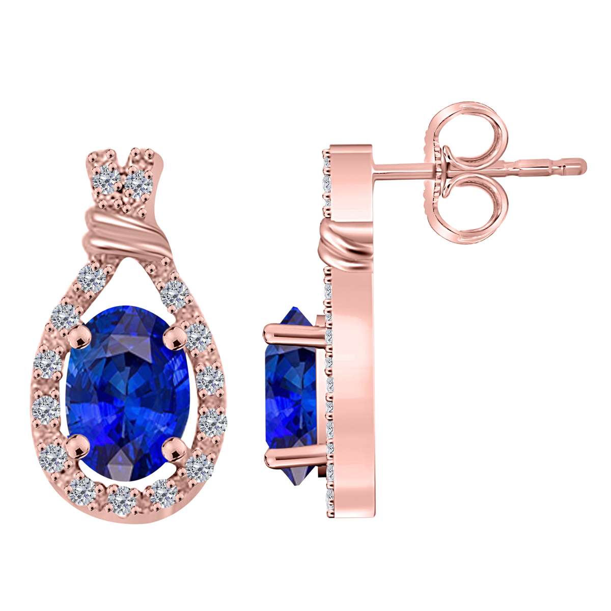 1.60 Carat Oval Shape Tanzanite And White Diamond Stud Earrings For Women In 10K Rose White & Yellow Gold With Secure Backs