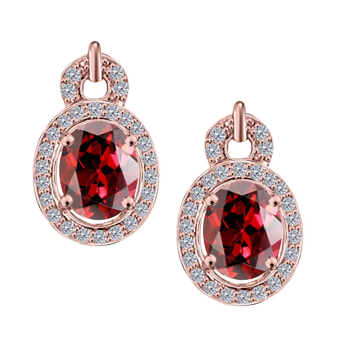 2.80 Carat Oval Shape Garnet Halo Round Diamond Gemstone Stud Earrings For Women In 10K Solid White, Rose & Yellow Gold