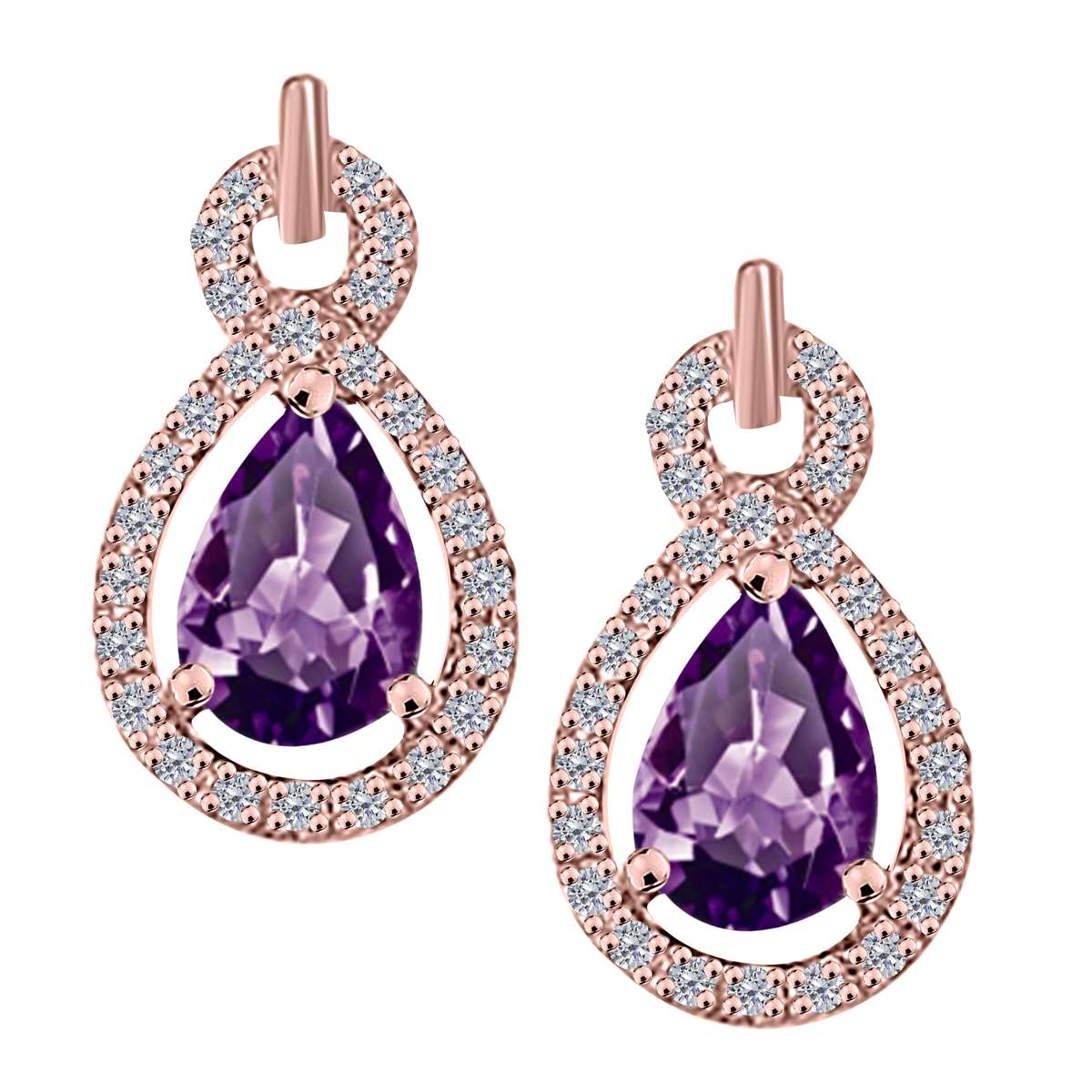 2.75 Carat Natural Diamond And Pear Shape Amethyst Gemstone Stud Earrings For Women With Secure Backs In 10K White Rose & Yellow Gold