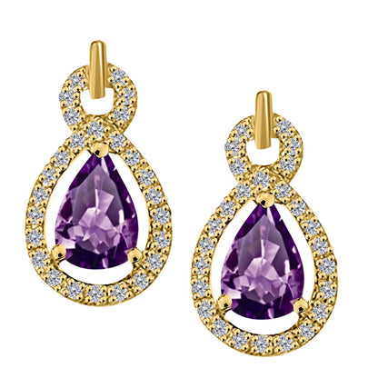 2.75 Carat Natural Diamond And Pear Shape Amethyst Gemstone Stud Earrings For Women With Secure Backs In 10K White Rose & Yellow Gold