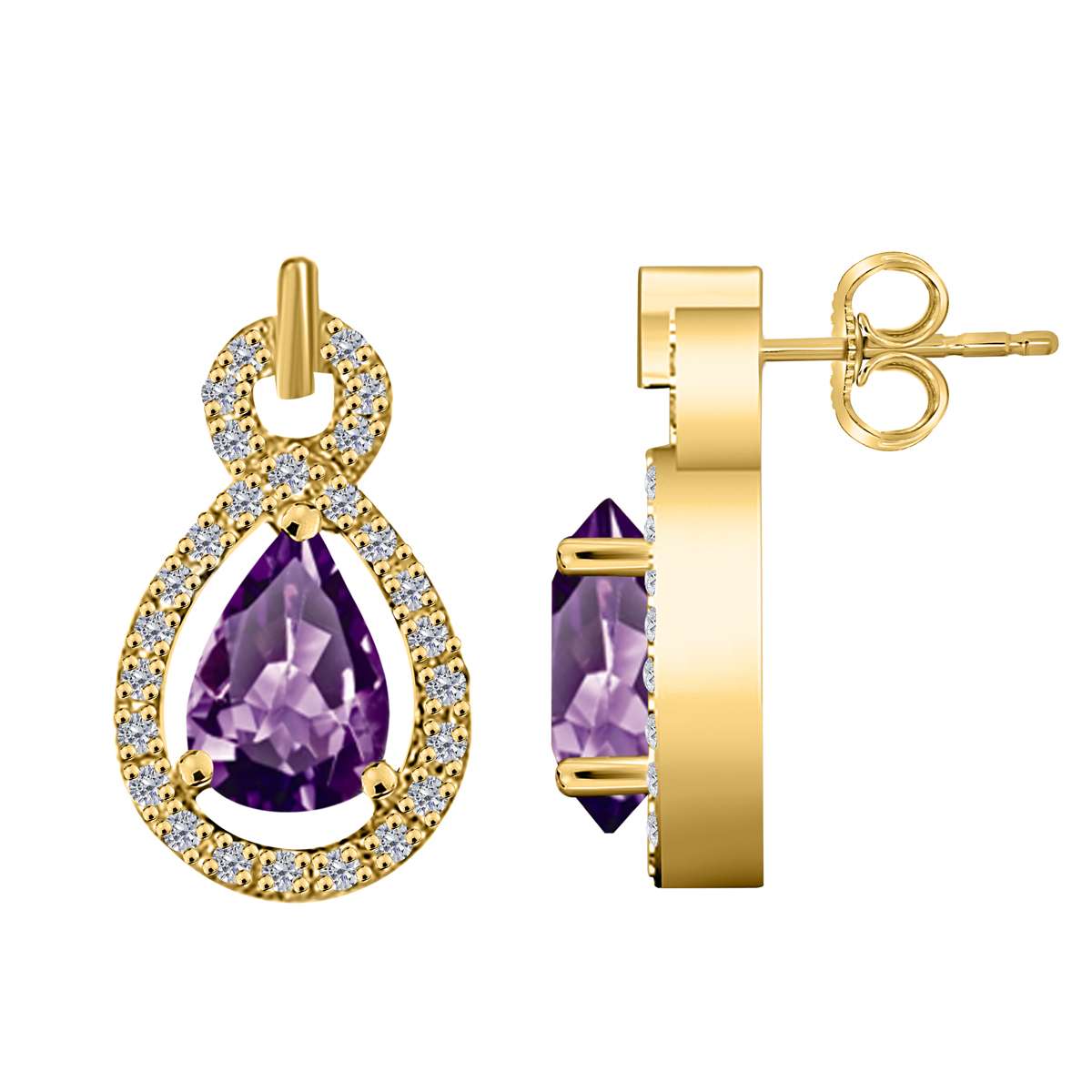 2.75 Carat Natural Diamond And Pear Shape Amethyst Gemstone Stud Earrings For Women With Secure Backs In 10K White Rose & Yellow Gold