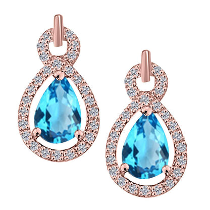 2.75 Carat Pear Shape Blue-topaz and Natural Diamond Gemstone Stud Earrings For Women With Secure Backs