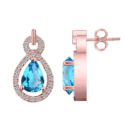 2.75 Carat Pear Shape Blue-topaz and Natural Diamond Gemstone Stud Earrings For Women With Secure Backs