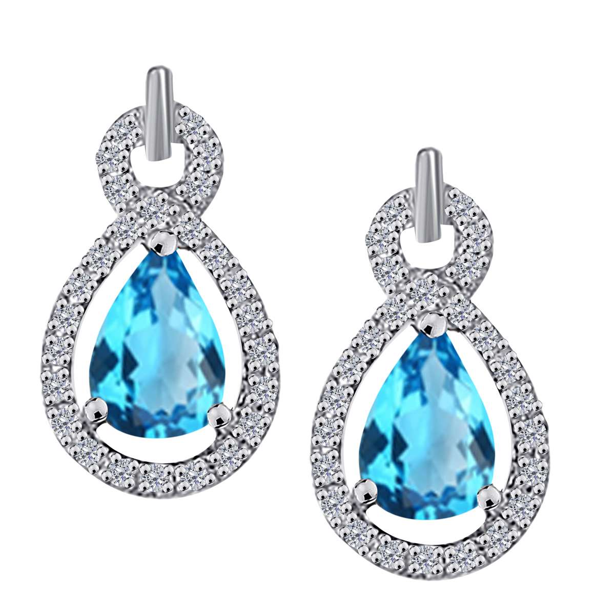 2.75 Carat Pear Shape Blue-topaz and Natural Diamond Gemstone Stud Earrings For Women With Secure Backs