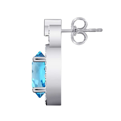 2.75 Carat Pear Shape Blue-topaz and Natural Diamond Gemstone Stud Earrings For Women With Secure Backs