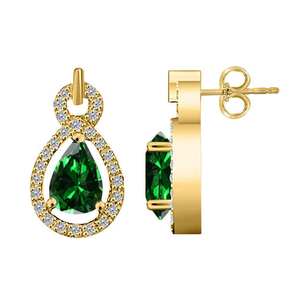 2.75 Carat Pear Shape Emerald And Natural Diamond Gemstone Stud Earrings For Women In 10K Rose White & Yellow Gold