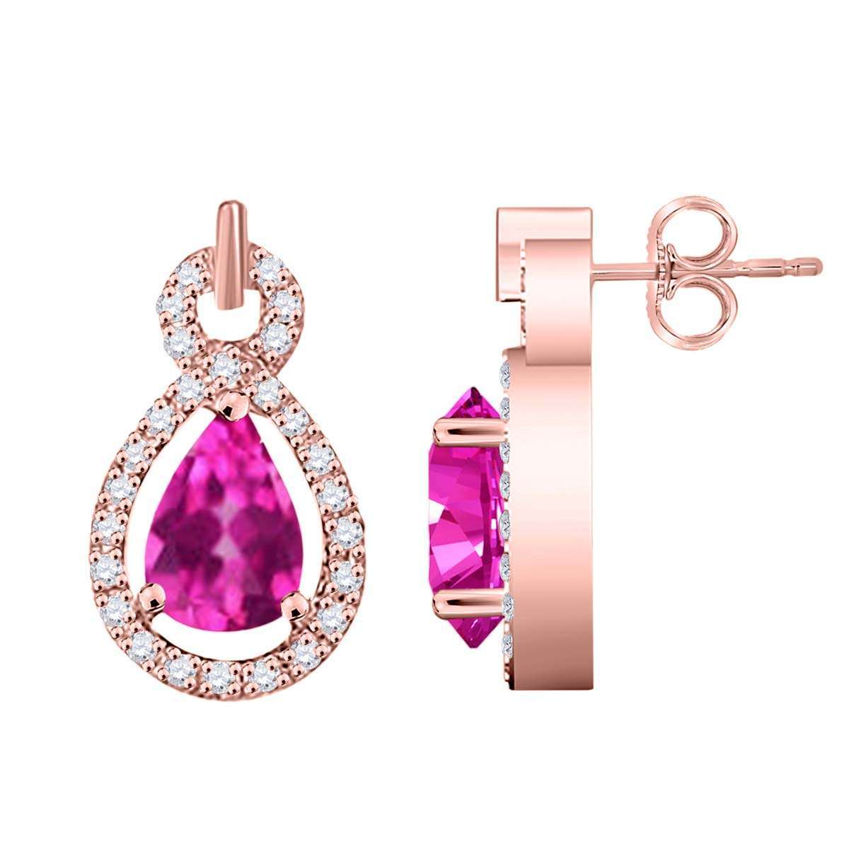 2.75 Carat Pear Shape Pink-topaz and Natural Diamond Gemstone Stud Earrings For Women In 10K Rose White & Yellow Gold With Secure Backs