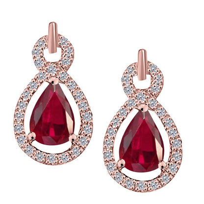 10K Rose White & Yellow Gold 2.75 Carat Pear Shape Ruby and Natural Diamond Gemstone Stud Earrings For Women With Secure Backs