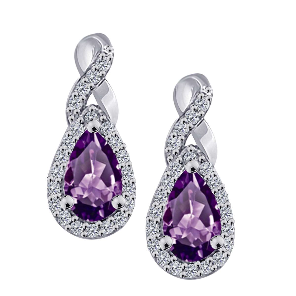 2.10 Carat Natural Diamond And Pear Shape Amethyst Gemstone Stud Earrings For Women In 10K Rose White & Yellow Gold