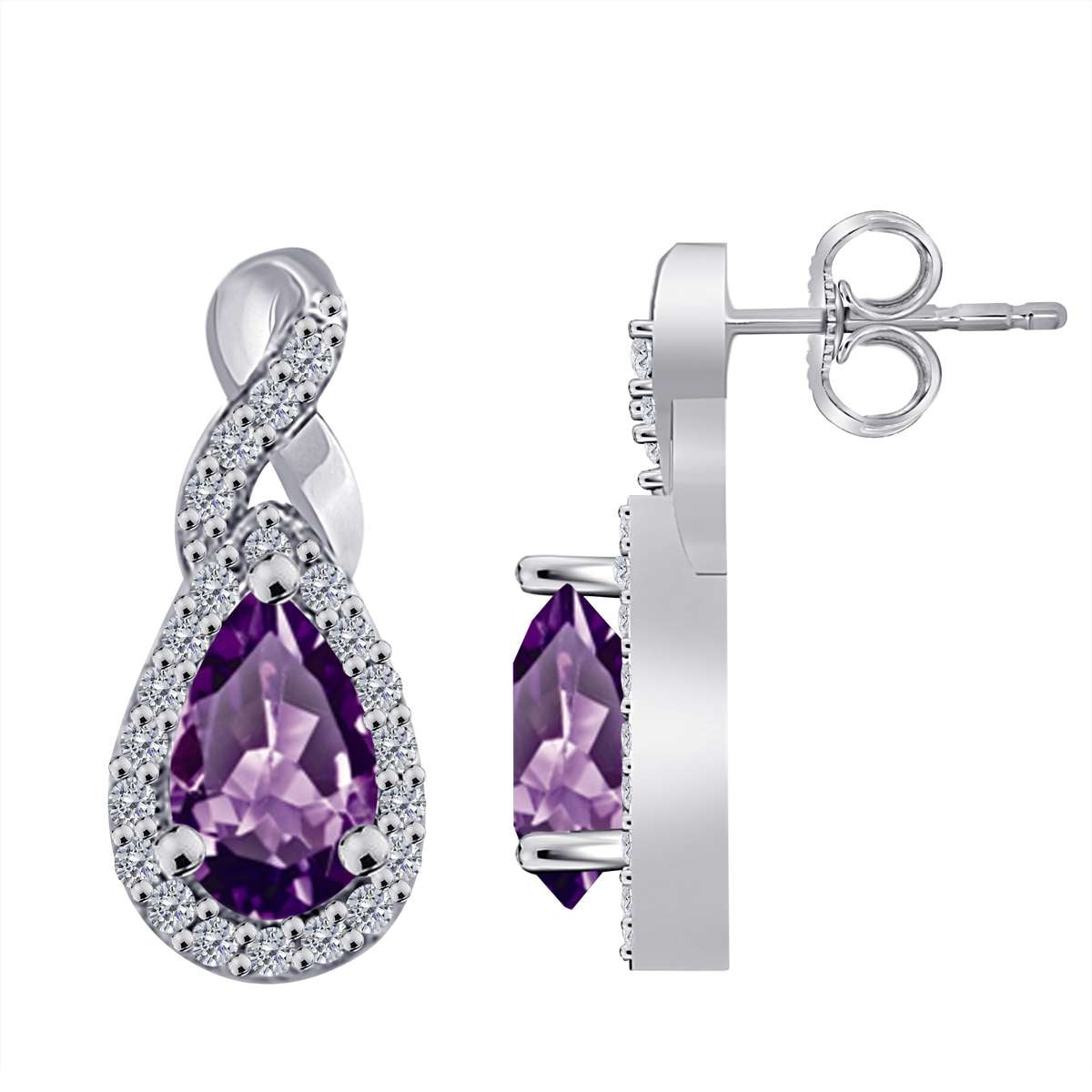 2.10 Carat Natural Diamond And Pear Shape Amethyst Gemstone Stud Earrings For Women In 10K Rose White & Yellow Gold