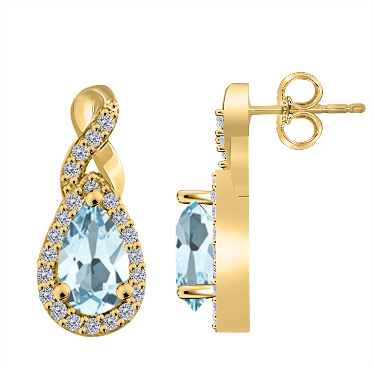 2.10 Carat Pear Shape Aquamarine And Natural Diamond Gemstone Earrings For Women In 10K White & Yellow Gold