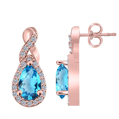 2.10 Carat Pear Shape Blue-topaz And Natural Diamond Gemstone Stud Earrings For Women In 10K Rose White & Yellow Gold Mauli Jewels