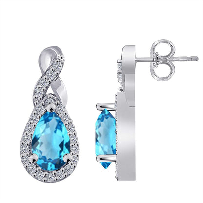 2.10 Carat Pear Shape Blue-topaz And Natural Diamond Gemstone Stud Earrings For Women In 10K Rose White & Yellow Gold