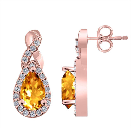 2.10 Carat Natural Diamond And Pear Shape Citrine Gemstone Stud Earrings For Women In 10K Rose White & Yellow Gold