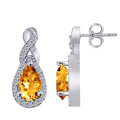 2.10 Carat Natural Diamond And Pear Shape Citrine Gemstone Stud Earrings For Women In 10K Rose White & Yellow Gold