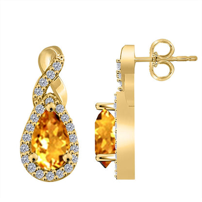 2.10 Carat Natural Diamond And Pear Shape Citrine Gemstone Stud Earrings For Women In 10K Rose White & Yellow Gold