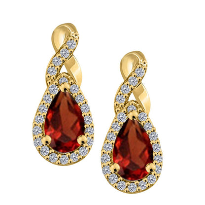 2.10 Carat Pear Shape Garnet And Natural Diamond Gemstone Earrings For Women In 10K White & Yellow Gold