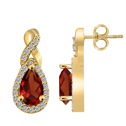 2.10 Carat Pear Shape Garnet And Natural Diamond Gemstone Earrings For Women In 10K White & Yellow Gold