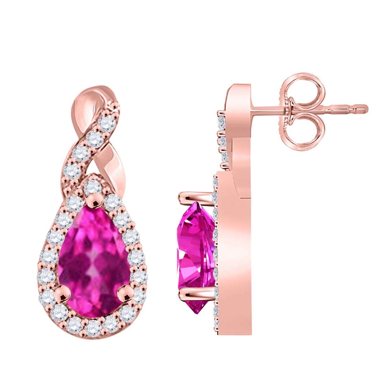 2.10 Carat Natural Diamond And Pear Shape Pink-topaz Gemstone Stud Earrings For Women In 10K Rose White & Yellow Gold Mauli Jewels