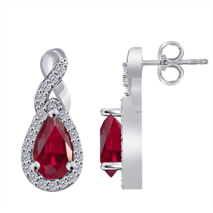 2.10 Carat Pear Shape Ruby And Prong Set Natural Diamond Gemstone Stud Earrings For Women in 10K Rose White & Yellow Gold