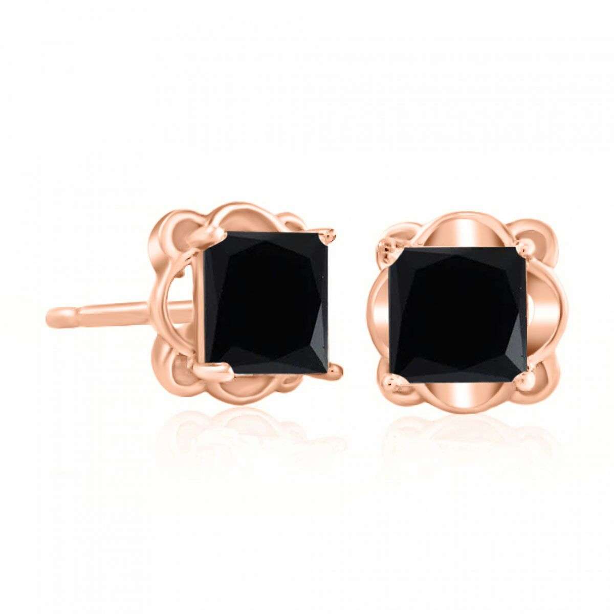 2.00 Carat Black Princess Cut Black Diamond Stud Earrings For Women In 14K Rose White And Yellow Gold