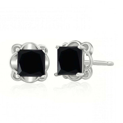 2.00 Carat Black Princess Cut Black Diamond Stud Earrings For Women In 14K Rose White And Yellow Gold