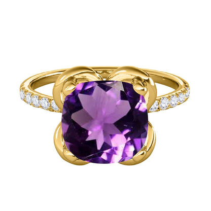 2.35 Carat Diamond And Cushion Shape Amethyst Gemstone Ring For Women In 10K Solid Rose White & Yellow Gold