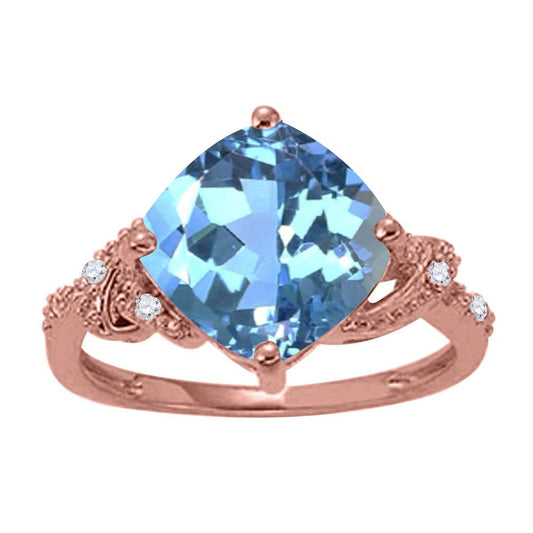 MAULIJEWELS 3.25 Carat Diamond and Cushion Shaped Blue Topaz Gemstone Ring In 10K White / Rose & Yellow Gold