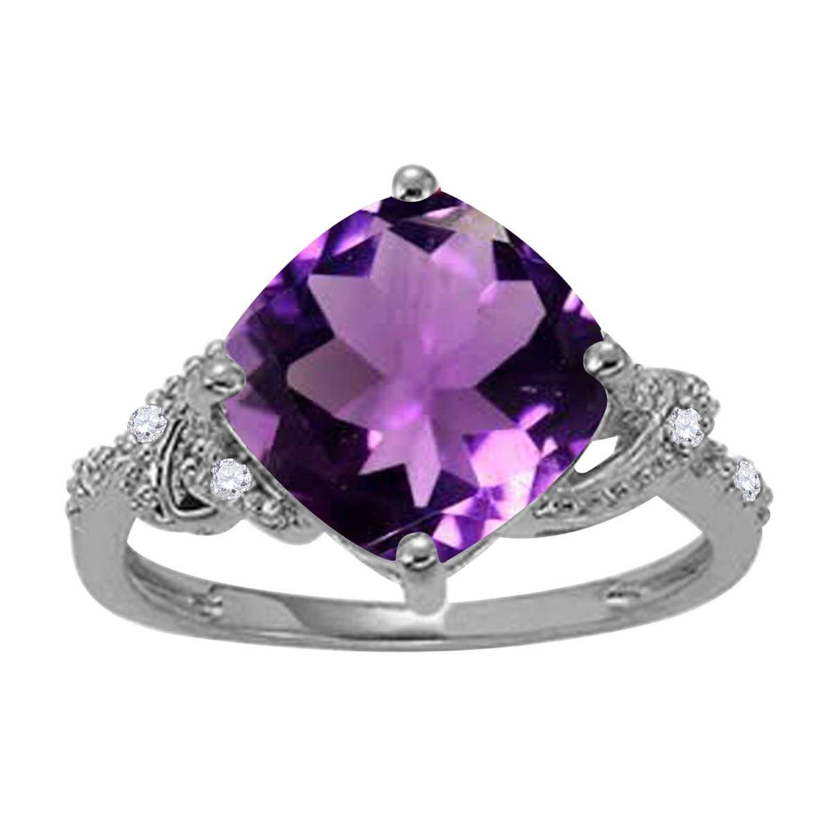 MAULIJEWELS  3.25 Carat Diamond And Cushion Shaped Amethyst Gemstone Rings 10K White Rose & Yellow Gold