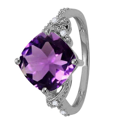 MAULIJEWELS  3.25 Carat Diamond And Cushion Shaped Amethyst Gemstone Rings 10K White Rose & Yellow Gold