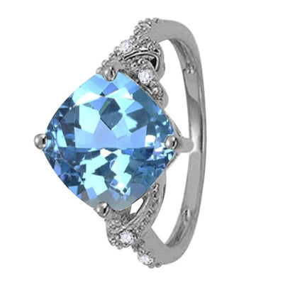 MAULIJEWELS 3.25 Carat Diamond and Cushion Shaped Blue Topaz Gemstone Ring In 10K White / Rose & Yellow Gold