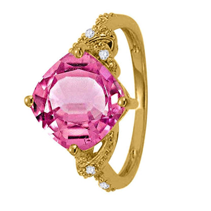 MauliJewels Rings for Women 3.28 Carat Diamond And Cushion Shaped Pink Topaz Ring 4-prong 10K Yellow Gold