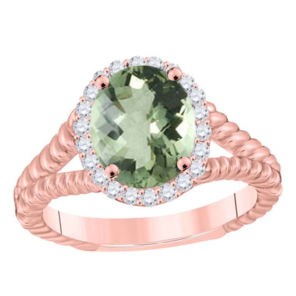 MAULIJEWELS  1.43 Carat Diamond And Oval Shaped Green-Amethyst Gemstone Rings 10K White Rose & Yellow Gold