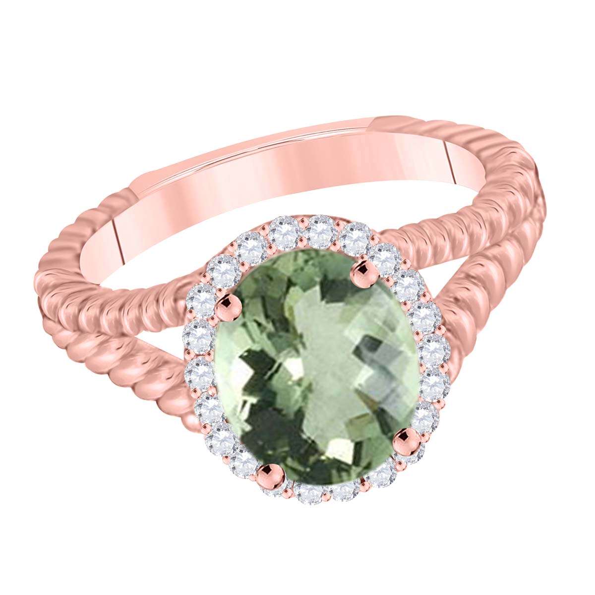 MAULIJEWELS  1.43 Carat Diamond And Oval Shaped Green-Amethyst Gemstone Rings 10K White Rose & Yellow Gold