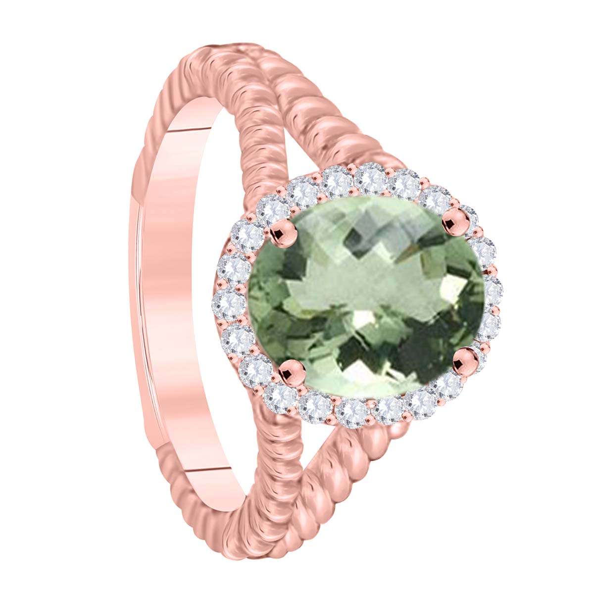 MAULIJEWELS  1.43 Carat Diamond And Oval Shaped Green-Amethyst Gemstone Rings 10K White Rose & Yellow Gold