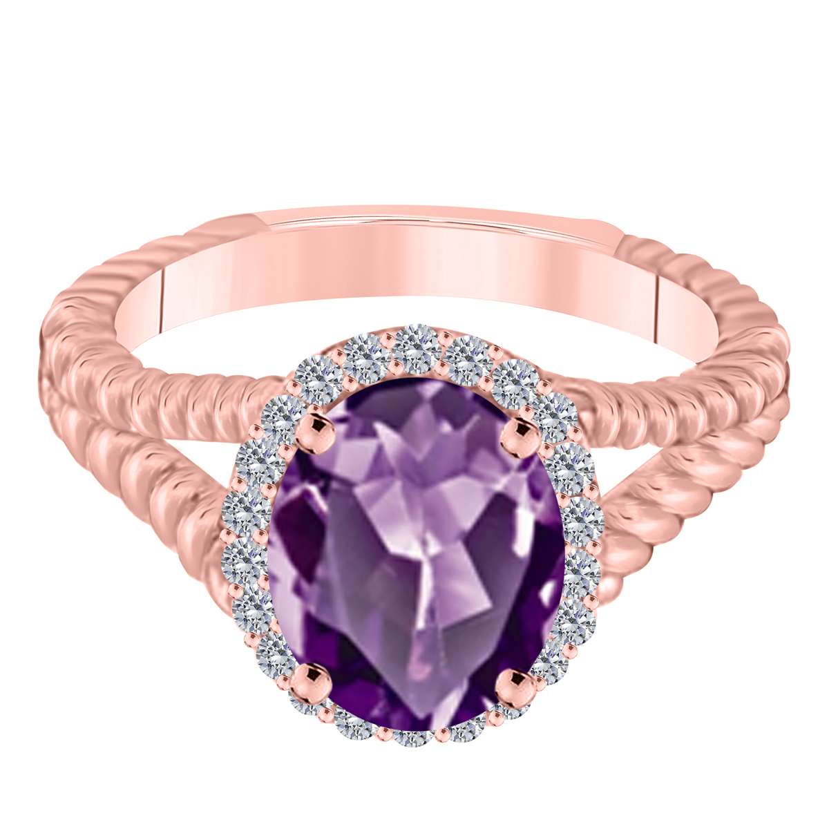 MAULIJEWELS  1.43 Carat Diamond And Oval Shaped Amethyst Gemstone Rings 10K White Rose & Yellow Gold